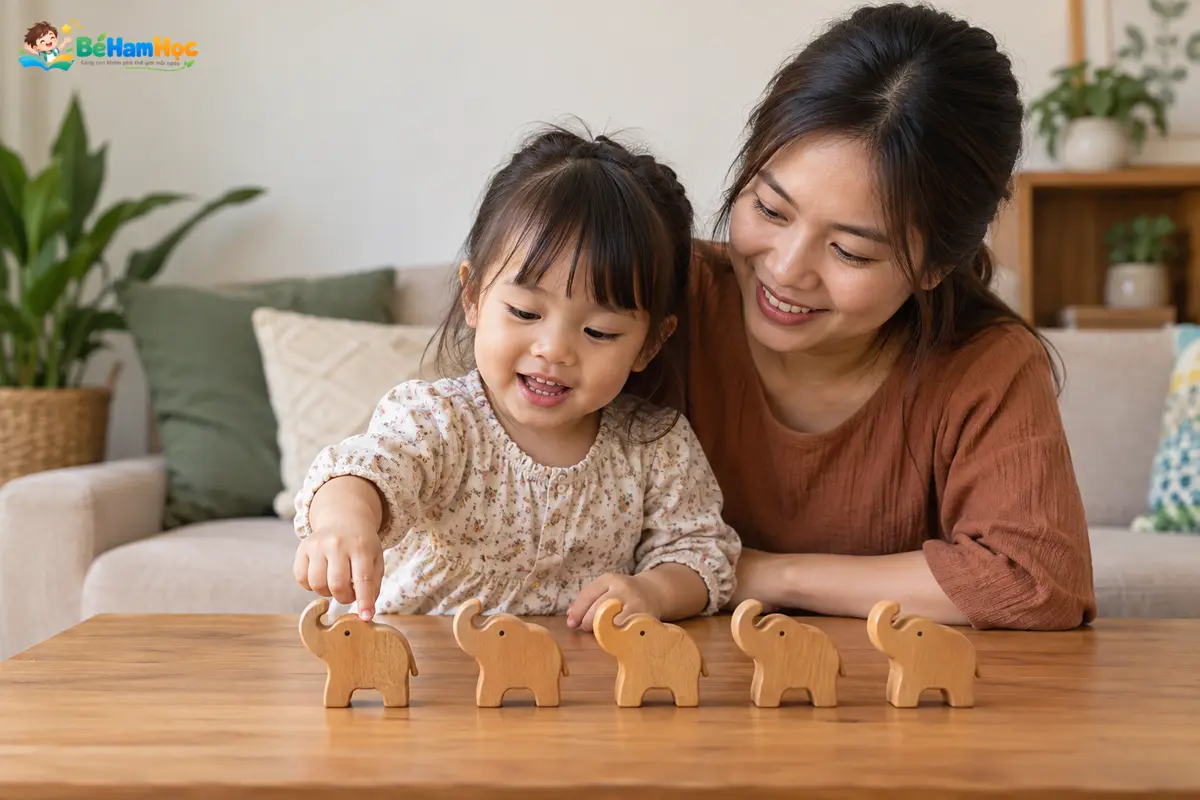 Bé đếm từng con thú đồ chơi cùng người lớn