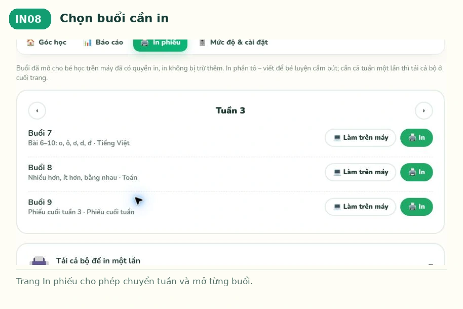 Chọn buổi cần in trên Bé Ham Học