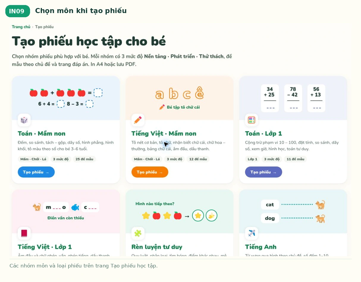 Chọn môn khi tạo phiếu trên Bé Ham Học
