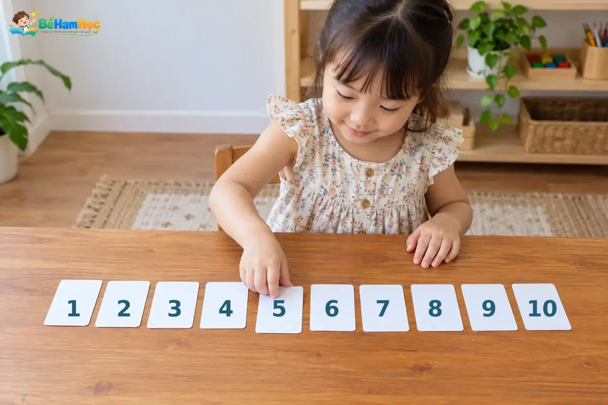 Bé xếp các thẻ số từ 1 đến 10 theo hàng
