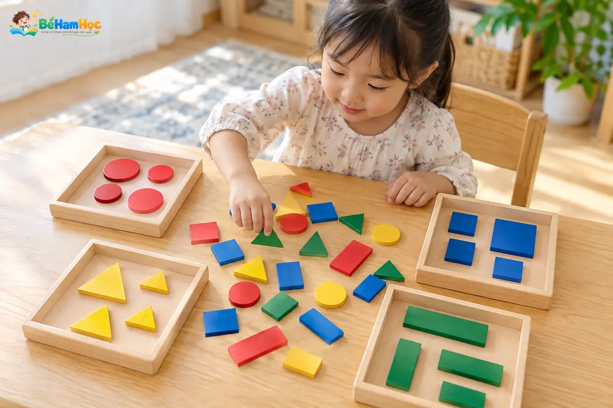 Bé đối chiếu các thẻ tròn, vuông, tam giác và chữ nhật