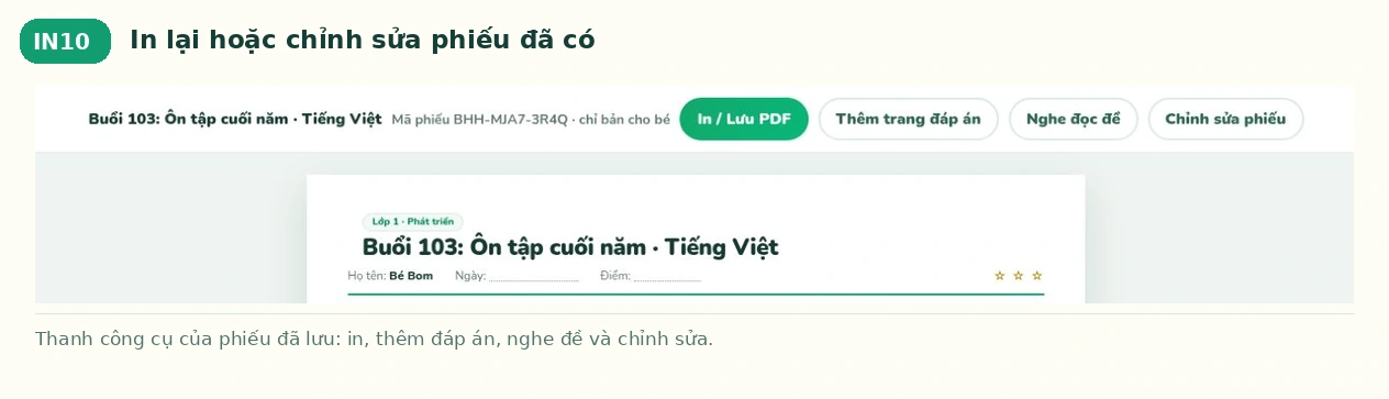 In lại hoặc chỉnh sửa phiếu đã có trên Bé Ham Học