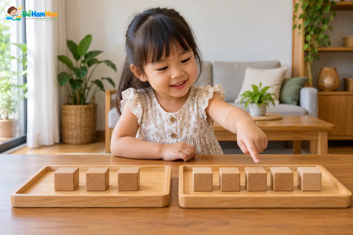 Bé so sánh hai nhóm khối gỗ bằng cách ghép cặp