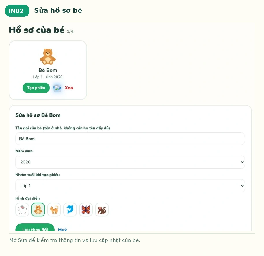 Sửa hồ sơ bé trên Bé Ham Học