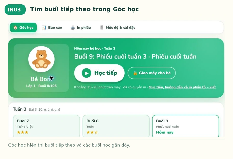 Tìm buổi tiếp theo trong Góc học trên Bé Ham Học
