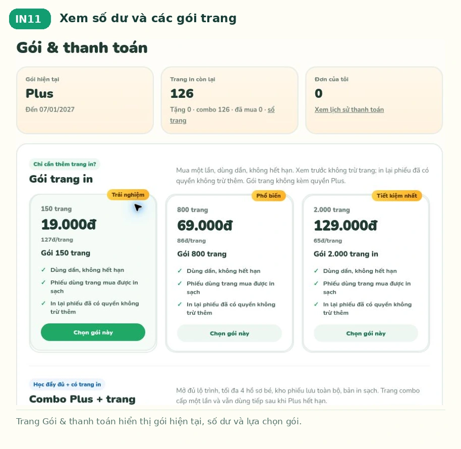 Xem số dư và các gói trang trên Bé Ham Học